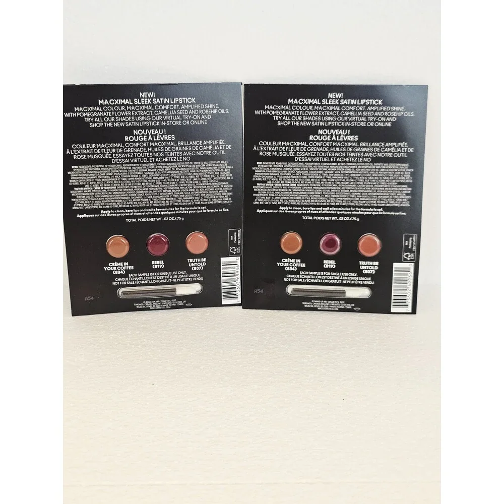 2x MAC Macximal Sleek Satin Lipstick 3 Shade Carded Travel Sample & Applicator